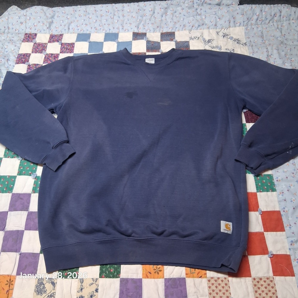 Carhartt V Stitch Dark Blue Sweatshirt Size Large Tall LT Crew Neck Distressed